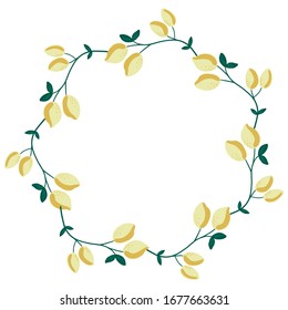 Round frame with decorative lemons and leaves.  Vector hand drawn illustration isolated on white background. Great for package design, home decor, invitation cards.