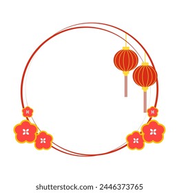 Marco redondo con linternas rojas decorativas y Plantilla de flores. Celebración china en Festiva, conceptos asiáticos de festivales tradicionales. Adecuado para póster, volante. Ilustración aislada de diseño de Vector plano.
