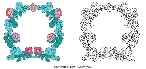 Round frame with decorative spring flowers