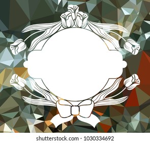 Round frame with decorative tulips on a mosaic background. Design element for banners, labels, prints, posters, greeting cards, albums. Vector clip art.