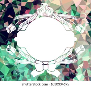 Round frame with decorative tulips on a mosaic background. Design element for banners, labels, prints, posters, greeting cards, albums. Vector clip art.