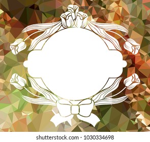 Round frame with decorative tulips on a mosaic background. Design element for banners, labels, prints, posters, greeting cards, albums. Vector clip art.