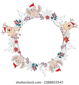 Round frame of deer, owls, snow-covered fir trees and red berries. Copy space. Vector illustration.