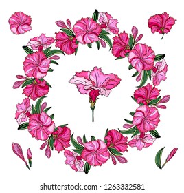 Round frame with delicate pink flowers. Spring floral blossom Vector background. Bright illustration, can be used as card,invitation, for wedding,birthday and other holiday.