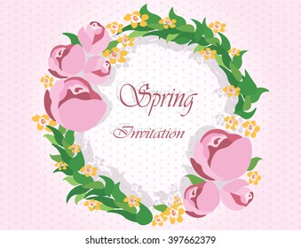 Round frame with delicate pink yellow flowers. Spring floral blossom. Vector background. Bright illustration for card,invitation, wedding, birthday and other holiday. 
