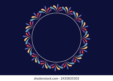 Round frame design concept of rainbow colored leaves or petals isolated on blue background - vector illustration