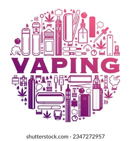 Round frame for the design of e-cigarettes and vape with a gradient. Cigarettes, liquid vaporizers, marijuana leaf. Vape shop design. Vector isolated on white background.