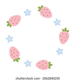 Round frame for design inscription. Pink strawberry style doodle and flower.