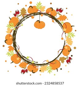 Round frame for design with pumpkins, autumn leaves and branches on a white background.