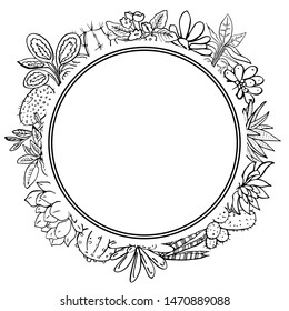 Round frame design template with houseplants, cacti and succulents. Vector hand drawn outline sketch illustration black on white background