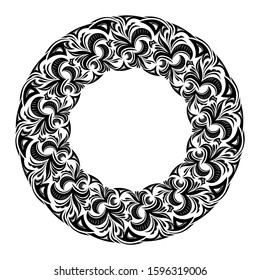 Round frame for design template. Luxury ornament in Damascus, celtic style. Premium floral illustration with lily. Ornate decor, border for invitation, card, logo design, label, badge, tag