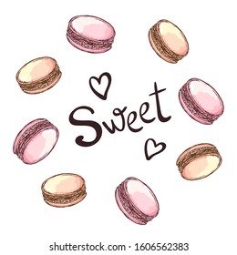 Round frame with desserts. Illustrations for coffee houses, pastry shop or cafes. Hand drawn vector illustration. Isolated on white background.