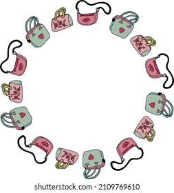 Round frame with different bags on white background. Vector image.