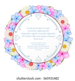Round frame with different flowers. Wreath can be used in your own design, romantic, announcements, greeting cards, posters,  and etc