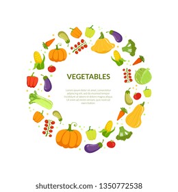 Round Frame of Different Fresh Vegetables Vector Illustration