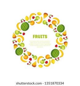 Round Frame of Different Fresh Vegetables and Fruits Vector Illustration