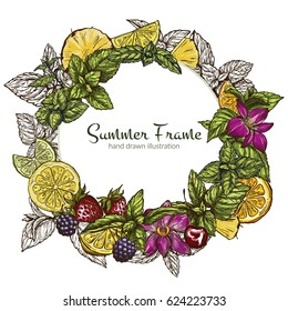Round frame with different fruits and berries,  vector illustration, hand drawn sketch