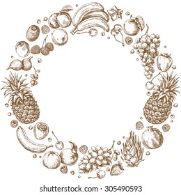 Round frame of different fruits. Hand drawn sketch various of fruits and berries.