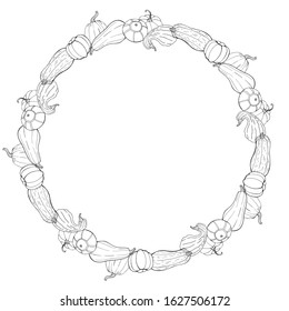 Round frame with different hand drawn outline squashes. Autumn wreath with black and white contour vegetables for your design