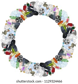 Round frame with different kinds of garbage isolated on white background. The theme of ecology