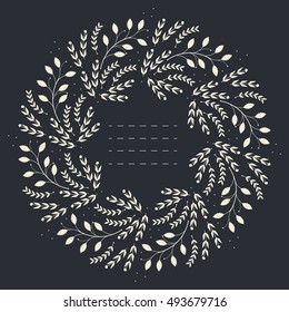 Round frame with different leaves isolated on blue background can be used for greeting cards, invitations and more designs.