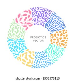 Round frame with different probiotic bacterias. Concept with good bacteroides, helping our guts to keep us healthy. Hand drawn vector illustration for web, article, banner