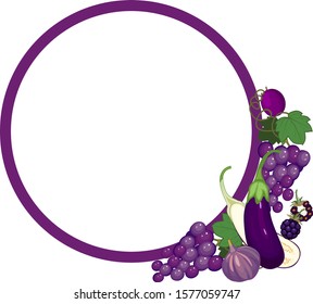Round frame with different purple vegetables and fruits isolated on white background