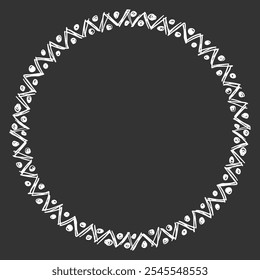 Round frame of different sized handwritten ethnic elements. White on black. Vector illustration