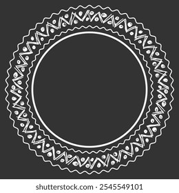 Round frame of different sized handwritten ethnic elements and wavy border. White on black. Vector illustration