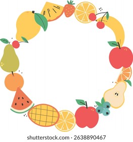 Round frame of different summer fruits on the transparent background. Apple, pear, watermelon, mango, lemon, pomegranate, orange, banana, orange slices, grapes, cherry. Flat vector illustration.