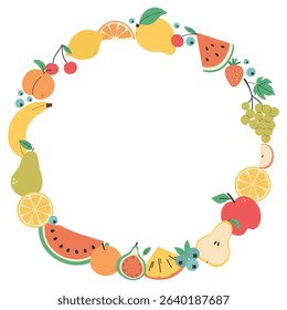 Round frame of different summer fruits on the white background. Apple, pear, watermelon, mango, lemon, pomegranate, orange, banana, orange slices, grapes, cherry. Flat vector illustration.