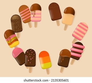 Round frame from different types of ice cream. Popsicle collection