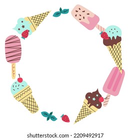 Round frame with different types of ice cream. Vector illustration in a cute hand-drawn flat style. Perfect for candy shop decoration,