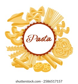 Round frame with different types of traditional pasta on white background. Italian pasta set, label, restaurant menu, background. Food illustration.