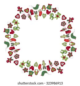 Round frame with different vintage Christmas decorations. Wreath for your design, Christmas announcements, greeting cards, posters.