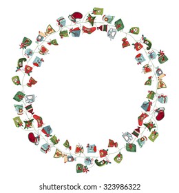 Round frame with different vintage gift boxes. Wreath for your design, Christmas announcements, greeting cards, posters.