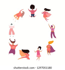 Round frame with diverse women dancing, jumping, superheroes. Isolated objects on white. Hand drawn vector illustration. Flat style design. Concept, element for feminism, girl power, womens day card.