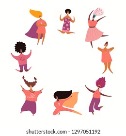Round frame with diverse women dancing, jumping, superheroes. Isolated objects on white. Hand drawn vector illustration. Flat style design. Concept, element for feminism, girl power, womens day card.