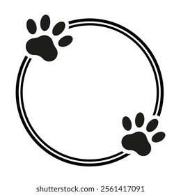 Round frame with dog paws and simple lines. Vector silhouette design for animal lovers. Isolated decorative element