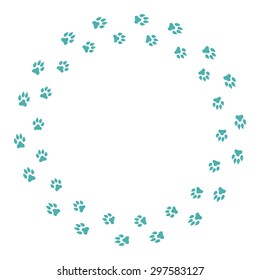 Round frame with dog tracks isolated on white background. Vector illustration.