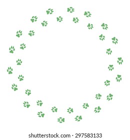 Round frame with dog tracks isolated on white background. Vector illustration.