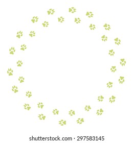 Round frame with dog tracks isolated on white background. Vector illustration.