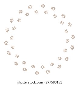 Round frame with dog tracks isolated on white background. Vector illustration.