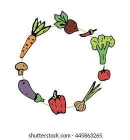 Round frame doodle on vegetables. Hand drawing. vector