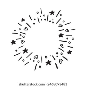 Festliches Feuerwerk im Stil von Round Frame Doodle. Sterne, Herzen. Explosionskreis abstrakte Vektorgrafik. Vektorillustration