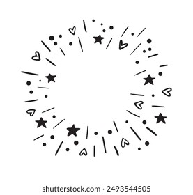 Round frame doodle style festive fireworks. stars, hearts. Explosion circle abstract vector drawing. Vector illustration