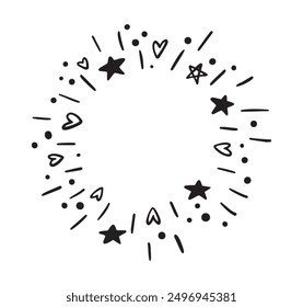 Round frame doodle style festive fireworks. stars, hearts. Explosion circle abstract vector drawing. Vector illustration