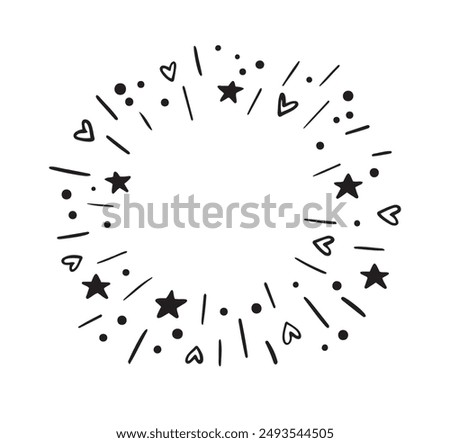 Round frame doodle style festive fireworks. stars, hearts. Explosion circle abstract vector drawing. Vector illustration