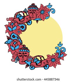 round frame of doodles on India. red and blue colors. crescent. Hand drawing. vector.