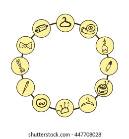 round frame of doodles on a theme of sewing accessories. vector. Hand drawing. light background